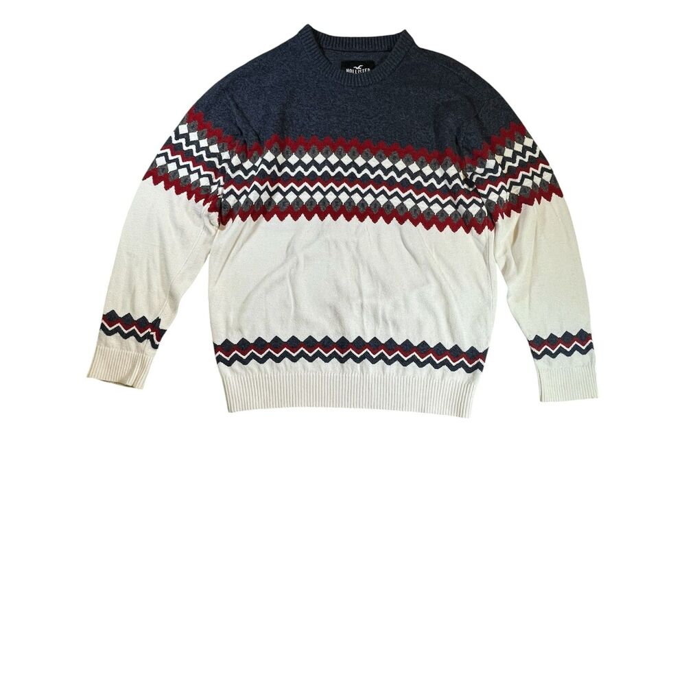 Hollister Fair Isle Sweater Men’s Medium Crewneck Knit Blue Cream Red